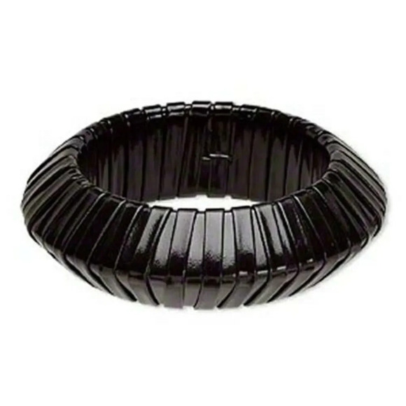 Slick Black PU Vinyl Wrapped Chunky Retro Geometric Saucer Bangle Bracelet - Picture 1 of 1